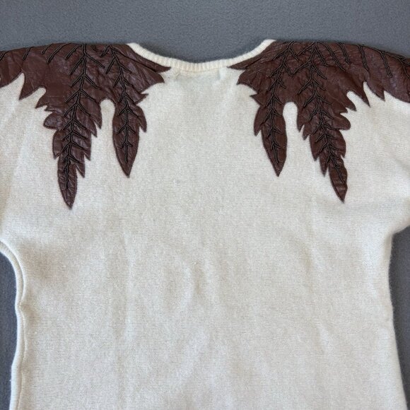 Vintage Emilio Rossi Lambswool Angora Sweater White Knitted Brown Leafs Sz M - Picture 11 of 13
